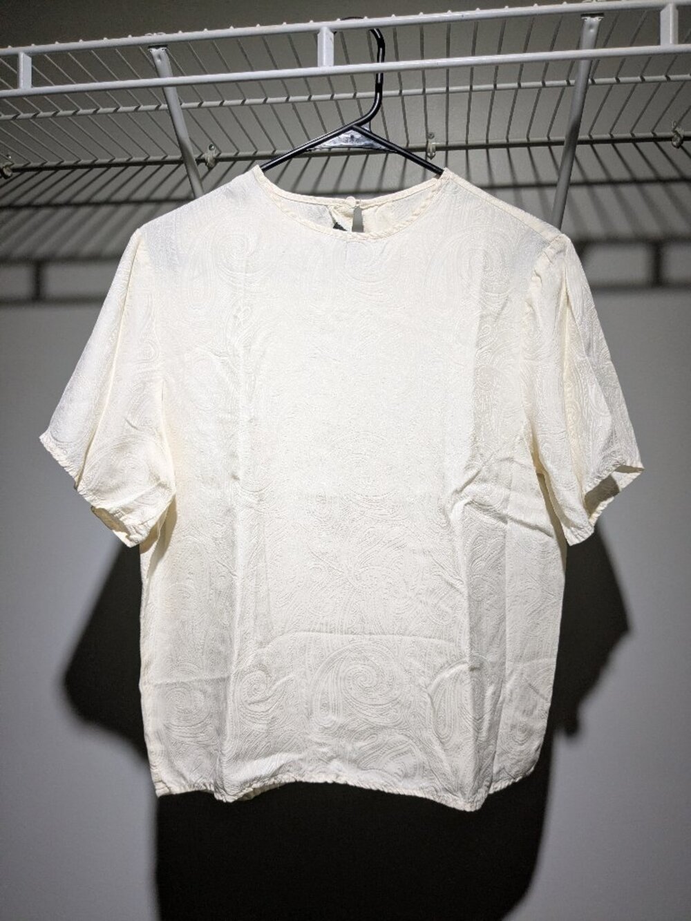 100% Silk Jacquard Boxy Tee M Cream Quiet Luxury Coastal Grandma 90s Minimalist